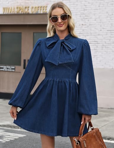 Denim Dress for Women, Puff Long Sleeve Jean Dresses Bow Tie Babydoll Denim Mini Dress4