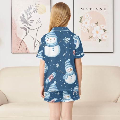 Satin Pajama Sets Short Sleeve Snowman Candy Cane Snowflakes Button Down Silky Nightwear 2 Piece PJS 5-14Y4