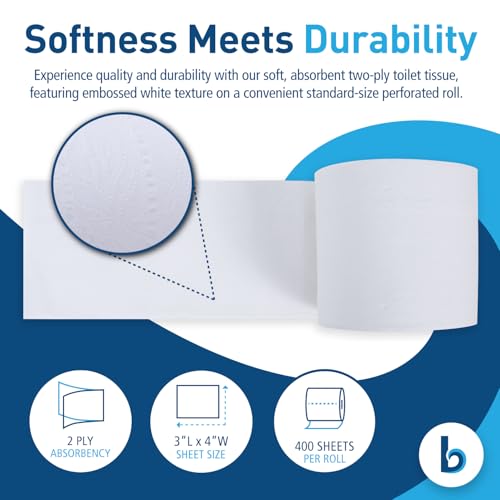 Image of Boardwalk BWK6144 Two-Ply Toilet Tissue, White, 4 inch x 3 inch Sheet, 400 Sheets per Roll (Case of 96 Rolls)