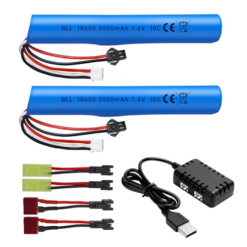 Fytoo 2PCS 7.4V 10C 3000mAh with SM-2P Plug with 2-in-1 Charger for MP5K M4 M110 SRB1200 SRB400 SRB400-SUB Airsoft Gel Bead Toy Gun Remote Control Toy Car Battery