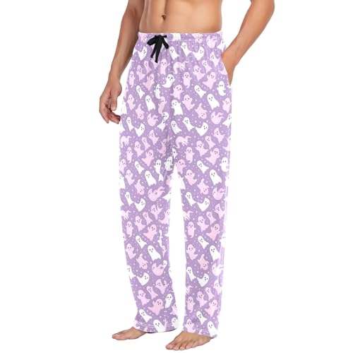 Mens Cotton Pajama Pants Sleep Lounge Pj Bottoms Sleepwear with Pockets Drawstring S Cute White Pink Ghost4