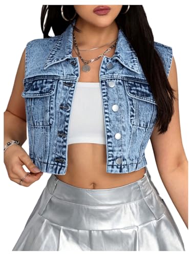 WDIRARA Women's Button Down Cropped Denim Vest Sleeveless Jean Jacket