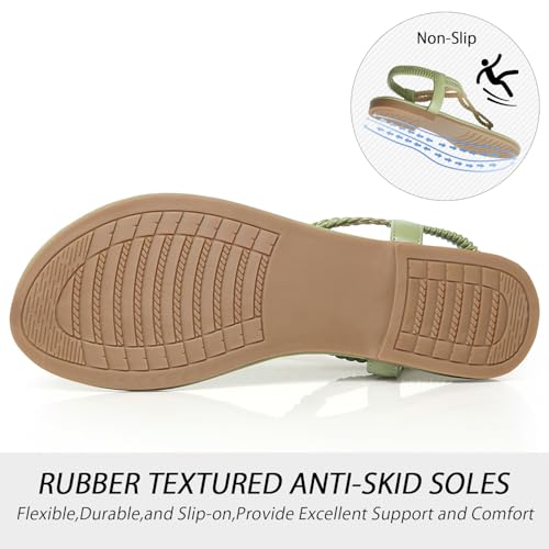 Image of iCKER Womens Braided T‑Strap Flat Sandals Elastic Stretch Ankle Strap | Boho cute casual lightweight and comfort matches dresses for beach vacation