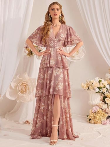 Image of TOLEEN Summer Casual Dresses for Women 2024 Spring Fashion Boho V Neck Long Sleeve Ruffle Floral Print Elegant Maxi Dress