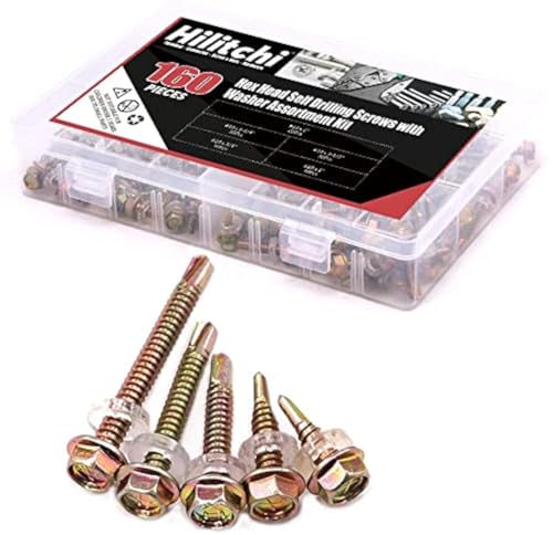 Hilitchi #10 Hex Washer Head Self Drilling Sheet Metal Tek Screws Assortment Kit Set with Drill Point, Self Driller, Zinc Plated Carbon Steel - 160 Pieces