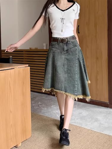 Vintage A-Line Frayed Hem Denim Skirt for Women – High Waist Washed Jean Midi Skirt with Raw Edge Design2