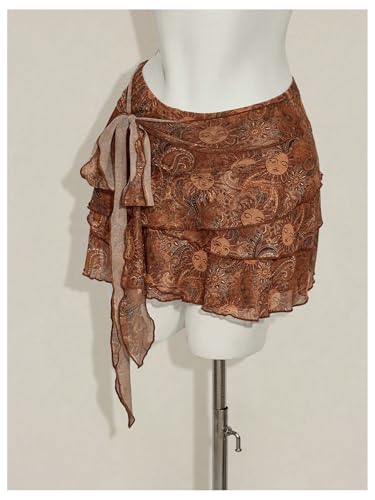 Milumia Women's Boho Printed Ruffle Layered Mini Skirt Tie Knot Low Waist Short Skirts2