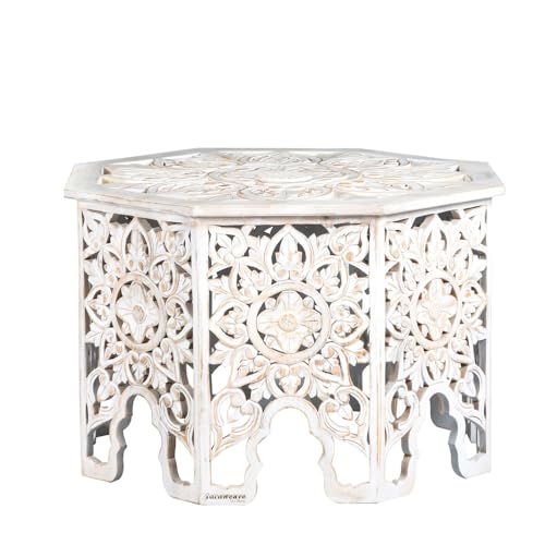 Image of Wooden Coffee Table for Living Room | Handcrafted Solid Wood Center Table for Living Room with Carved Floral Design | Coffee Table for Home, Wooden Furniture for Home (White Distress)