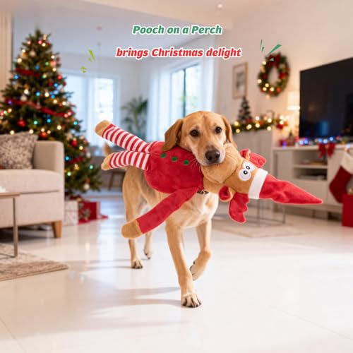 Image of Christmas Dog Toy Reindeer Plush with Squeaker & Crinkle Paper - Holiday Squeaky Chew Toy for Small and Medium Dogs - Interactive Santa Elf Pooch on a Perch Dog Gift