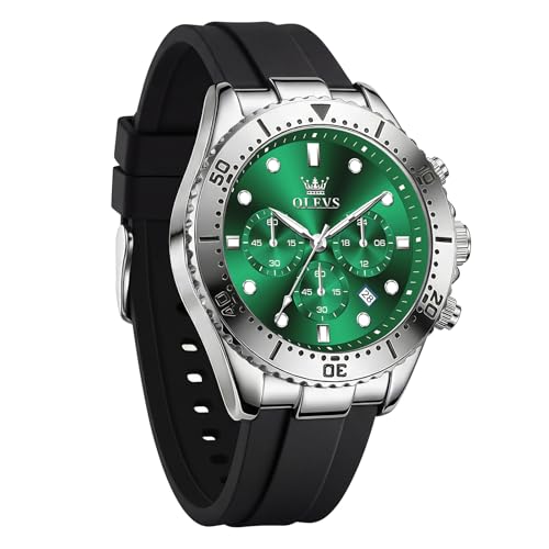 Image of OLEVS Men's Watches Sport Chronograph Analog Quartz Watch for Men with Date Waterproof Dress Casual Fashion Watch Soft Silicone Rubber Strap Band, Unidirectional Bezel & 42mm Big Face