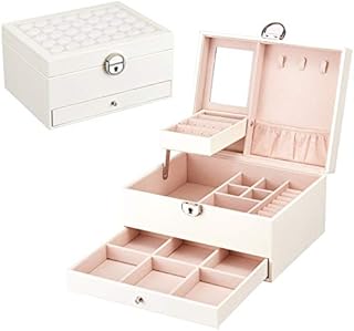 Lrker White Jewelry Wooden Velvet Box Display Bracelet Ring Organizer with Lock Mirror, Necklace Watch Storage Case PU Leather Decorative Stud Brooch Earring Holder for Women Girl Lady Teen Gift