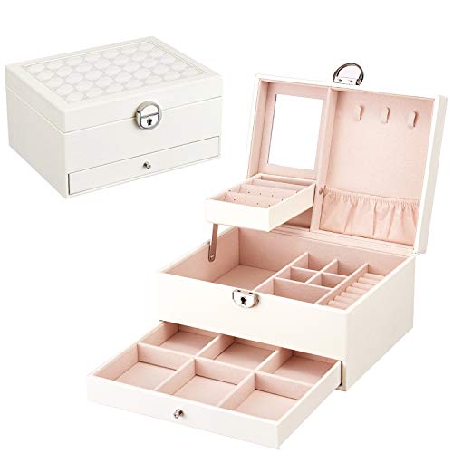 Lrker White Jewelry Wooden Velvet Box Display Bracelet Ring Organizer with Lock Mirror, Necklace Watch Storage Case PU Leather Decorative Stud Brooch Earring Holder for Women Girl Lady Teen Gift 