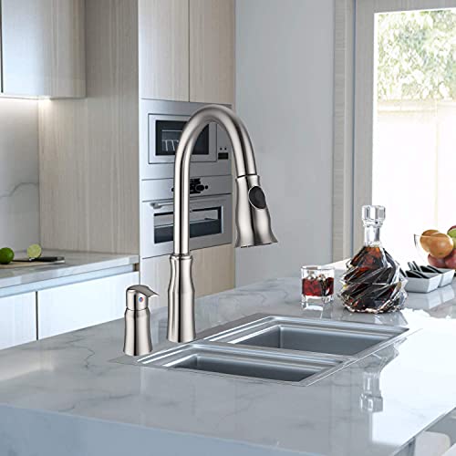 Oulantron 2 Hole Kitchen Faucet With Pull Out Sprayer Stainless Steel Brushed Nickel Kitchen Faucet High Arc Pull Out Kitchen Sink Faucet With Side Single Handle #TOP1