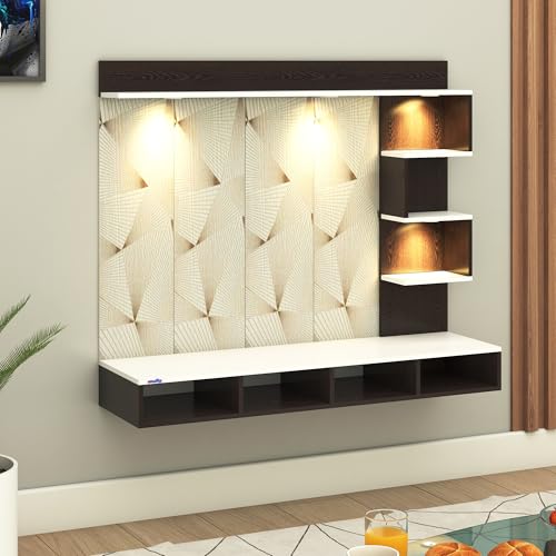 Image of Laura Engineered Wood Wall-Mount TV Unit with Printed PVC Back Panel & LED Lights | TV Cabinet with Storage Box & Decorative Shelves (Wenge /White) for TVs up to 43 Inch | DIY Installation