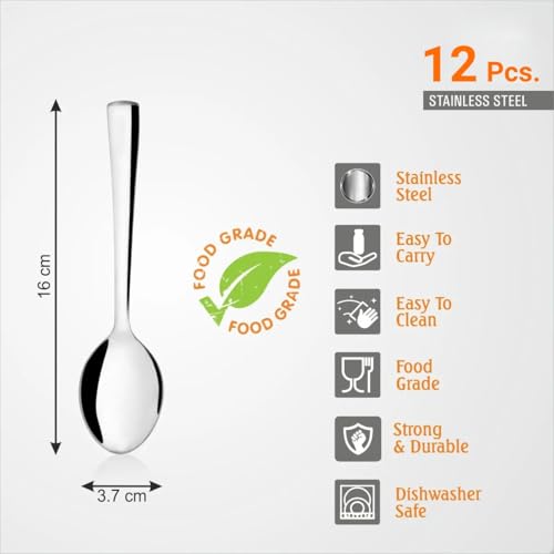 Image of Stainless Steel Spoons Set, Premium Dinner Spoons for Home & Kitchen, Luxury Dining Tableware Cutlery Set Gift for House Warming, Silver Imperial Design (12-Baby Imp Spoon)