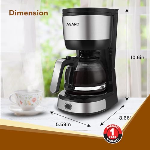 AGARO Royal 4 Big Cups Drip Coffee Maker, 600 Ml Borosilicate Glass Carafe Jar, 750W, Water tank with Level Indicator, Brewer Machine with Cone Filter, Auto Shut Off, Stainless Steel Body, Black - Image 3