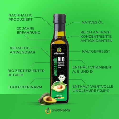 Foto von Kräuterland Bio Avocadoöl 2X250ml (500ml), Kaltgepresst, naturrein ohne Zusatzstoffe, Vegan & GVO-frei, geeignet für Haut & Haare, Premium Qualität