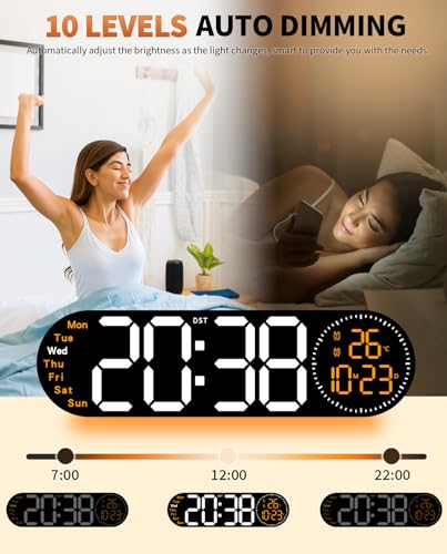 Image of 17.2 Inch Large Digital Wall Clock with 9 Color Changing Remote Control, Date Week Temperature, Auto Brightness Dimmer Clock Night Lights,Orange