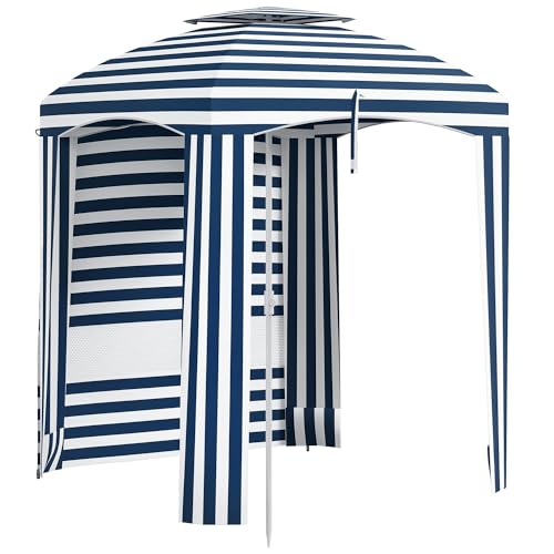 Outsunny 5.8' x 5.8' Portable Beach Umbrella with Double-Top, Ruffled Outdoor Cabana with Walls, Vents, Sandbags, Carry Bag, Blue & White Stripe