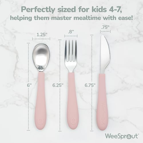 Image of Kids Stainless Steel Utensils Set - Premium 18 /8 Grade Silverware Kit - 2 Spoons, 2 Forks, and 2 Knives for Ages 4-7 - Silicone Easy-Grip Handles - Children Flatware Cutlery (Bright - Blue, Green)