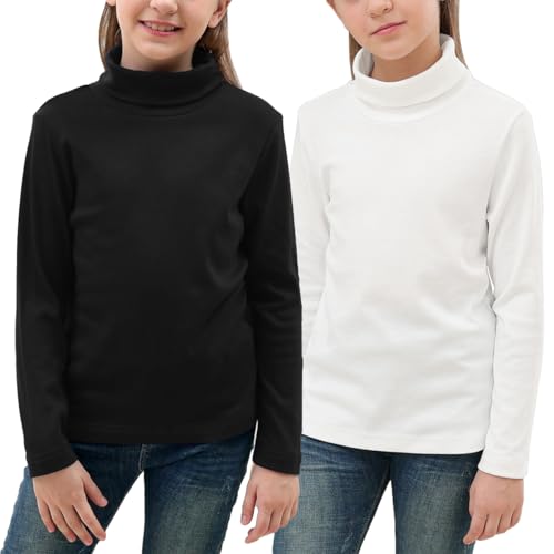 GORLYA 2 Pack Girls Turtleneck Long Sleeve Basic T-Shirt Mock Neck Soft Knit Slim Fitted Tee Tops Multipacks for 8-16Y