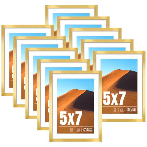 Image of LaVie Home 5 x 7 Picture Frame Gold Set of 10, Display 4x6 with Mat or 5 x 7 Without Mat Picture, Photo Frame Collage for Wall Gallery or Table Deco, Hanging or Tabletop Display