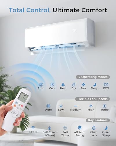 Feelfunn 18000 BTU Mini Split AC/ Heizsystem, 20 SEER2 230V, kühlt Räume bis zu 1250 Quadratmeter, Klimaanlage mit Installationsset, Fernbedienung, WLAN- Steuerung, geräuscharm, kompatibel m-9