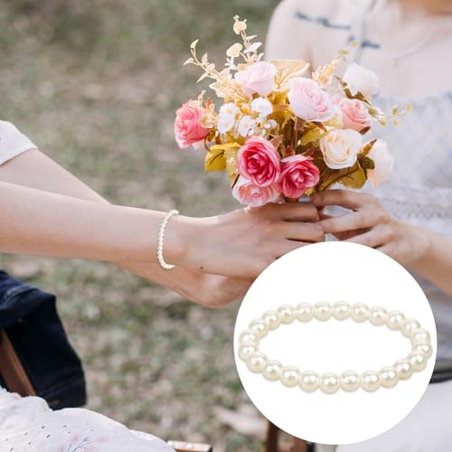 10 Pack Fake White Pearl Bracelets for Women Faux Pearl Bracelet Stackable Bridal Elastic Pearls Bracelet Set Stretch Fake Pearls Bead Bracelets for Wedding Party Bridesmaid Gifts3
