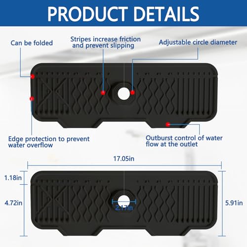 Image of Kitchen Sink Accessories -17 inch x 6'' Sink Splash Guard,Silicone Sink Mat Splash Guard, fit for Countertop, Bathroom,Farmhouse,RV by EBIGIC (Black)
