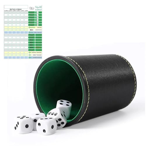 Dexpally Juego de Dados,Set de Dados con Vaso de Piel, 5 Dado, Bloque de Juego, para Juegos de Dados para Adultos, Juego Familiar.