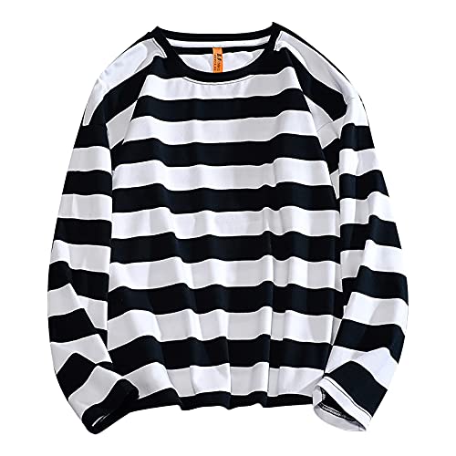 Camiseta deportiva de manga larga para hombre, para correr, gimnasio, cuello redondo, a rayas, resistente y de secado rápido, ropa informal para hombre, Negro , XXL Cover