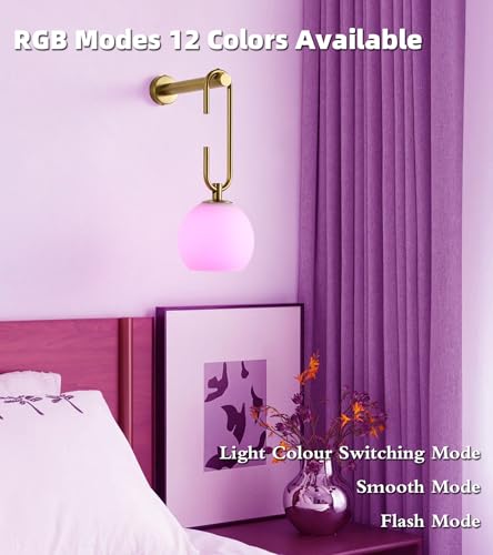 Image of Glass Globe Wall Sconces Set of 2, Battery Operated Wall Light with Remote, Indoor Wireless Dimmable 12RGB Colors Light Bulbs for Bedroom Living Room Hallway(Brass)