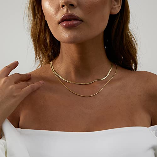 Tasiso 14K Gold Plated Herringbone Choker Necklace Set Double Layer Snake Chain Layered Gold Herringbone Chain Necklace Flat Snake Choker Necklaces For Women 3Mm 38Cm/1.5Mm 42Cm #TOP2