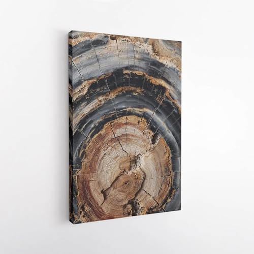 PVPQPR Impresión en lienzo de anillos de madera petrificada | Arte rústico abstracto para pared | Decoración natural estilo bohemio para el hogar,lista para colgar (40 x 60 cm,con marco)