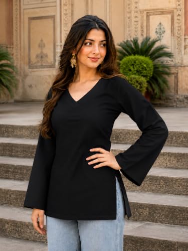 Image of Women's Cotton Short Kurti Black Solid Plain V Neck Full Bell Sleeve Casual Stylish Short Kurta for Women for Jeans Daily Girl Top
