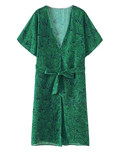 Kimonos for Women Boho Style with Belts Open Front Beach Cover-Ups Chiffon Jacket Resort Wear Beach Wear (Green, Medium)