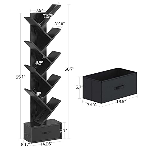 Rolanstar Bookshelf With Drawer,9 Shelf Tree Bookshelf,Retro Bookcase,Wooden Storage Rack For Cds/Movies/Books, Utility Organizer Shelves For Bedroom, Living Room, Home Office #TOP2