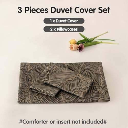 Image of Lekesky Queen Size Duvet Cover Set, Reversible Queen Comforter Cover with Tropical Leaves Pattern, Soft 100% Washed Microfiber 3 Pieces Khaki Bedding Set with Zipper and 2 Pillowcases