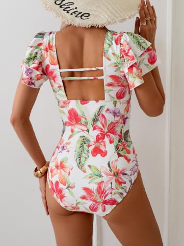 Image of Eomenie Women's Tummy Control One Piece Swimsuit Ruffle Square Neck Bathing Suit Ruched Cutout Back Slimming Swimwear