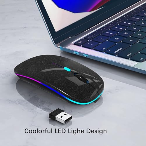 Image of WREANU Wireless Bluetooth Mouse, Rechargeable Laptop Mice, Black Bright | LED Lights, Dual Mode(BT5.2 & 2.4G Portable USB Receiver) Silent Slim Computer Mouse for Laptop /iPad /Tablet /Computer /Mac