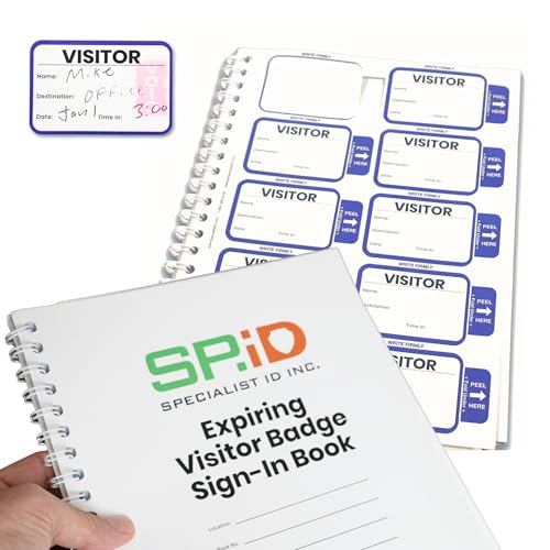 Specialist ID Visitor Log Book for Business or Schools - Expiring Visitor Sticker Badges and Sign in Book with Carbon Copy Record Keeping for Guest Tracking - Spiral Binder Registry (200 Badges)
