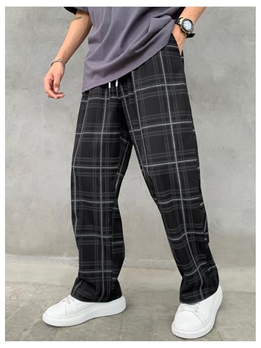 GORGLITTER Men's Plaid Baggy Pants Elastic Waist Striped Wide Leg Sweatpants Checkered Casual Workout Trousers2