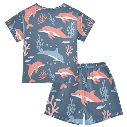 ALAZA Dolphin Coral Reef Cartoon Blue Pajamas Short Sleeve 2 Piece Sleepwear Top and Bottom Pajama Set Unisex2