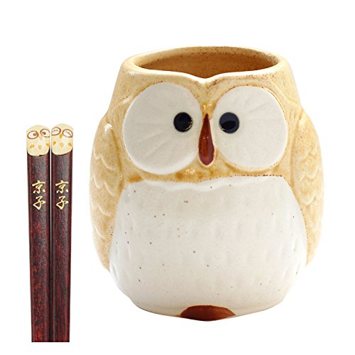 きざむ 名入れ 湯のみ & 箸 ふくろう 母の日 ギフト セット きなこ × アイボリー