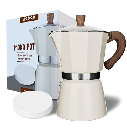 AGOGO Milano - Cafetera Moka, cafetera espresso para estufa, cafetera Greca, cafetera de estufa y cafetera espresso percolador con filtro de papel, 6 tazas, color crema