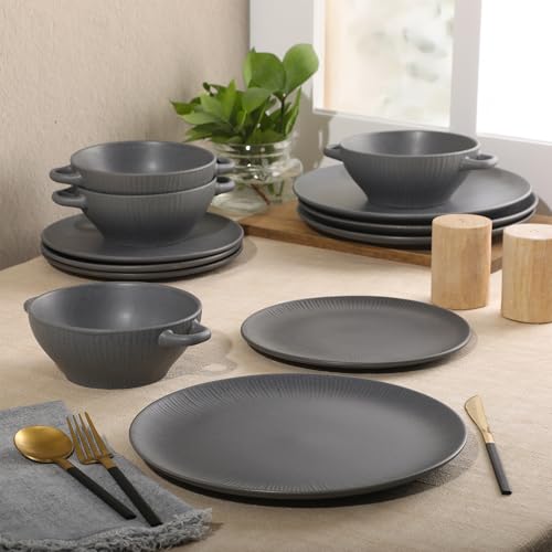 Image of Gibson Elite Clover Hill 12-Piece Stoneware Dinnerware Set - Dark Blue Embossed Plates and Bowls with Matte Speckled Reactive Glaze, Service for 4 - Microwave & Dishwasher Safe