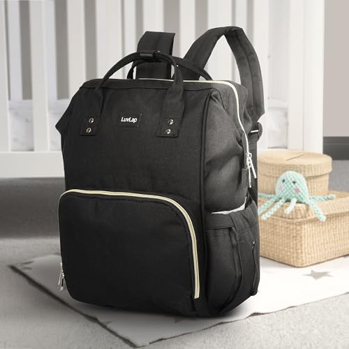 Image of LuvLap Lily Multifunctional Waterproof Diaper Bag for Mothers for Travel, Mother Travelling Bag, Backpack Cum Tote bag for Mothers, 24L Large storage capacity with 15 pockets (Black)