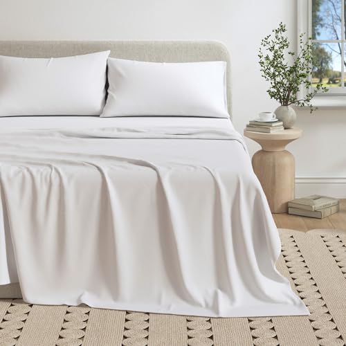 Great Bay Home Cotton Jersey Knit Queen Sheet Set - Ultra-Soft, Stretchy, Heathered Melange White Bed Sheets - Cozy, Soft T-Shirt Sheet & Pillowcase Set