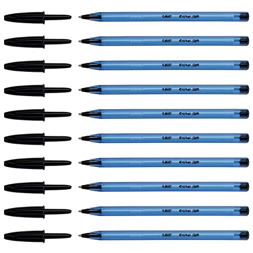 BIC – Juego de 10 bolígrafos Cristal Soft, punta media de 1,2 mm, tinta EasyGlide color negro