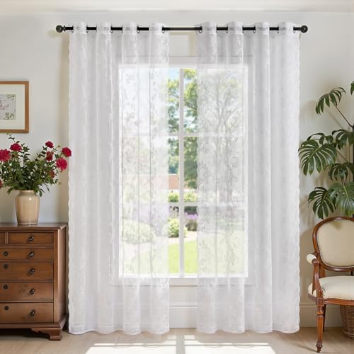 TOPICK Spitzen Gardinen lichtdurchlässig H 225 x B 150 (cm) 2er Set Lace...